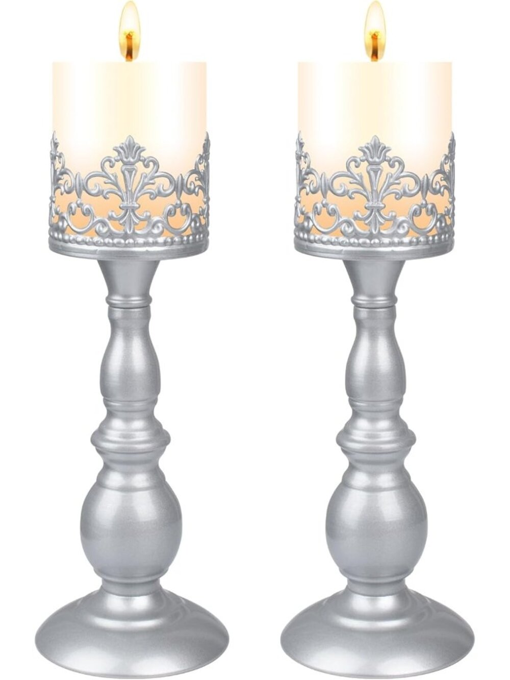 Set of 2 Decorative Large Table Centerpieces Candle Stand Decor Pearl Silver